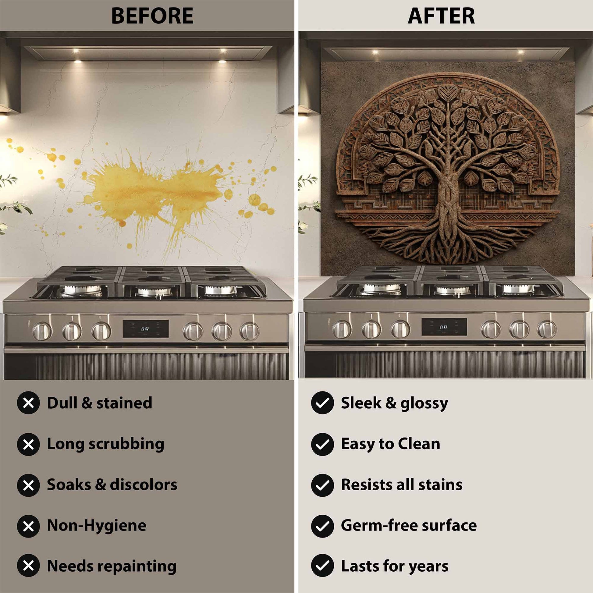 Before and after comparison of a kitchen stove with a decorative glass backsplash.