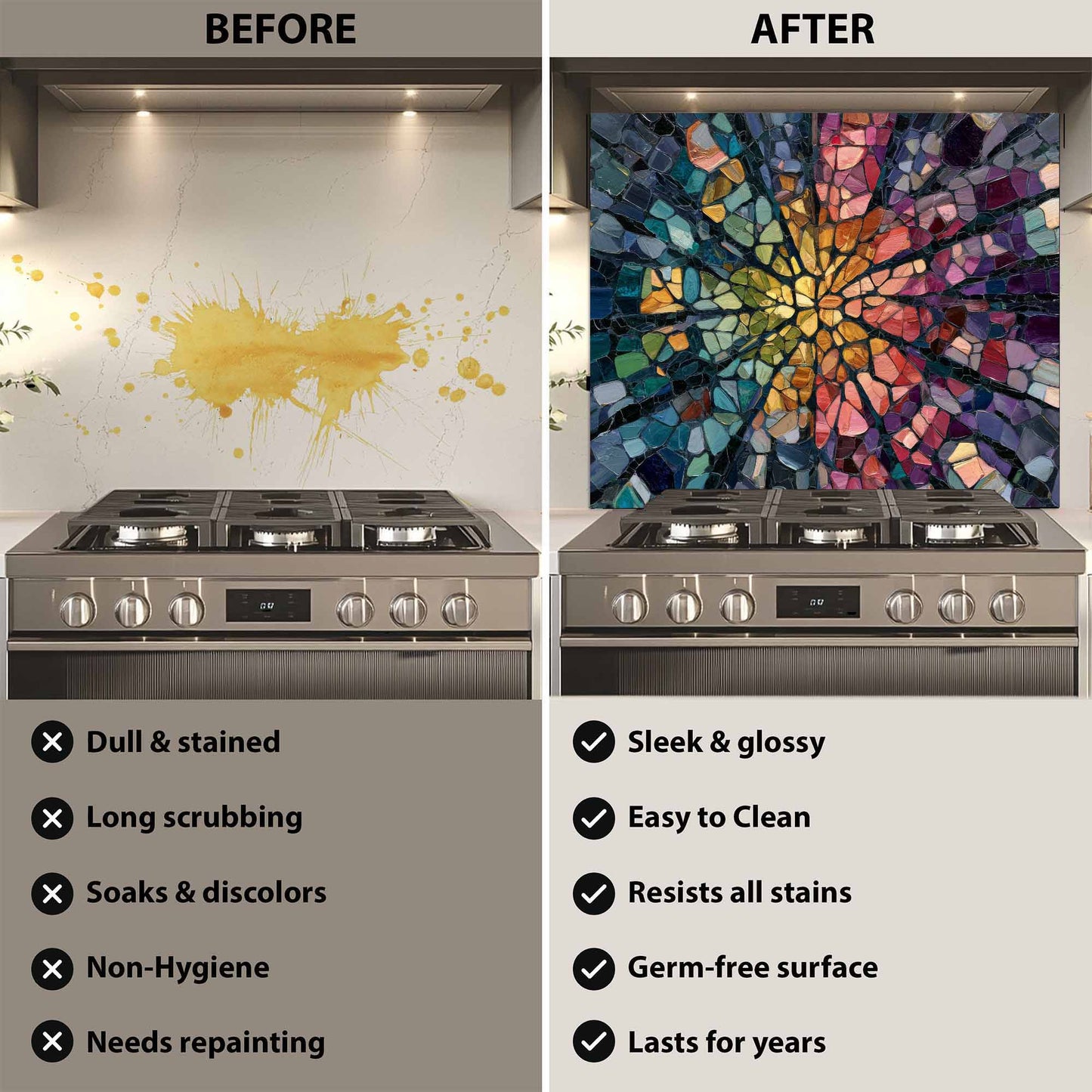 Before and after comparison of a kitchen stove with a colorful glass backsplash.