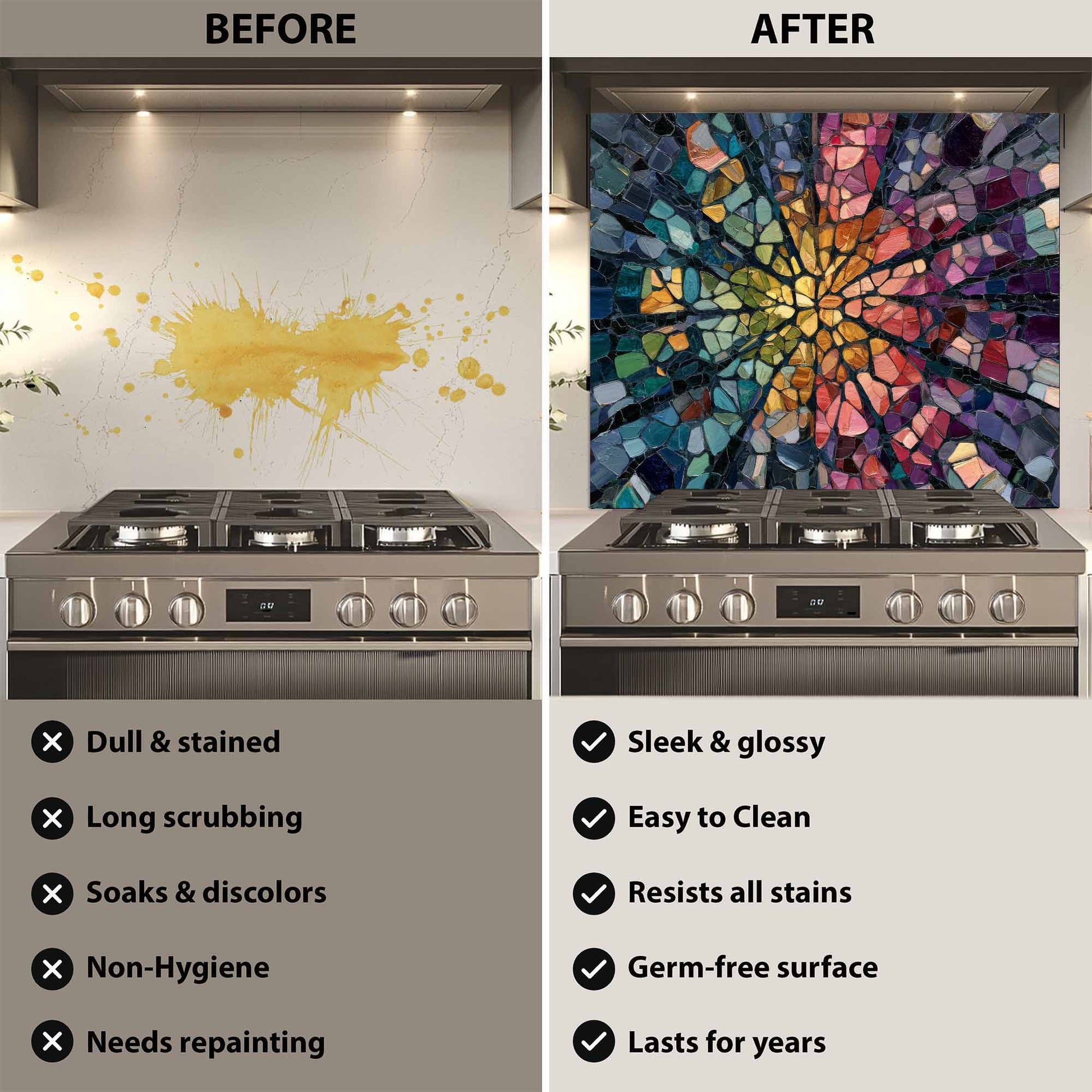 Before and after comparison of a kitchen stove with a colorful glass backsplash.