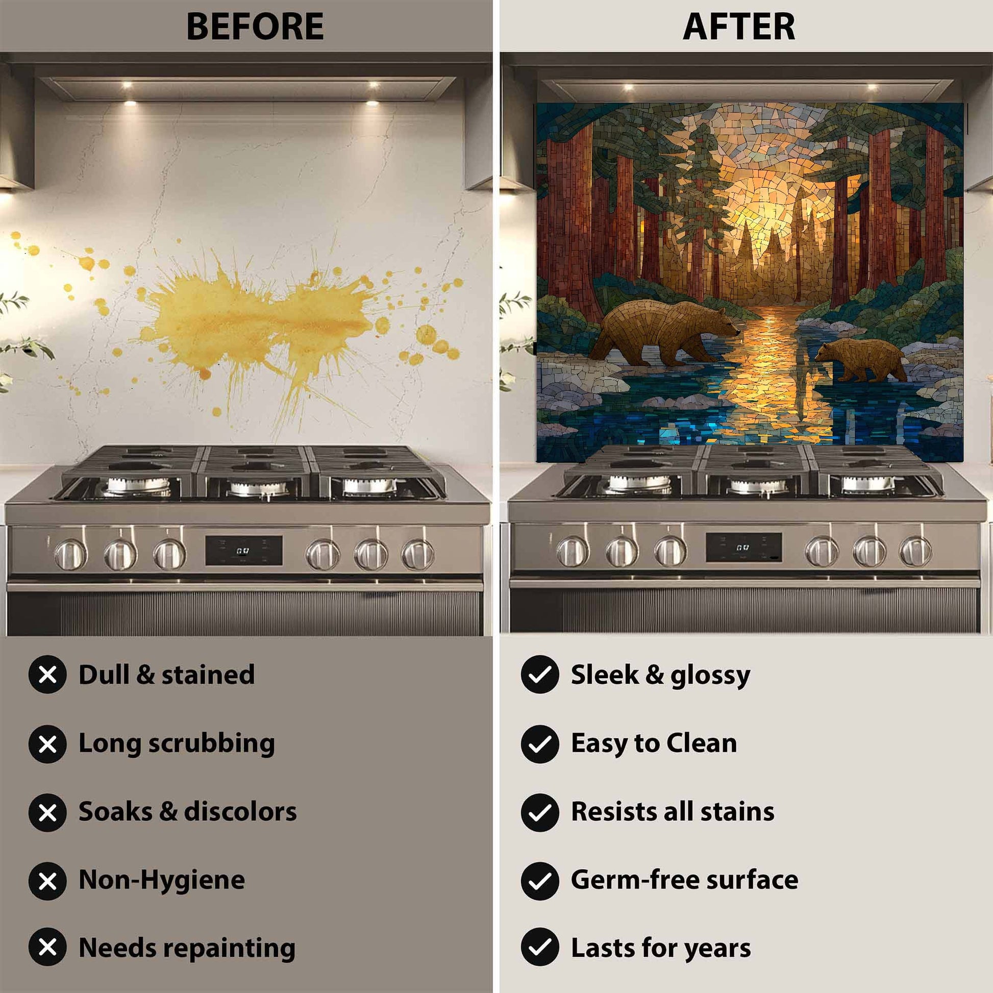 Before and after comparison of a stove with a decorative backsplash.