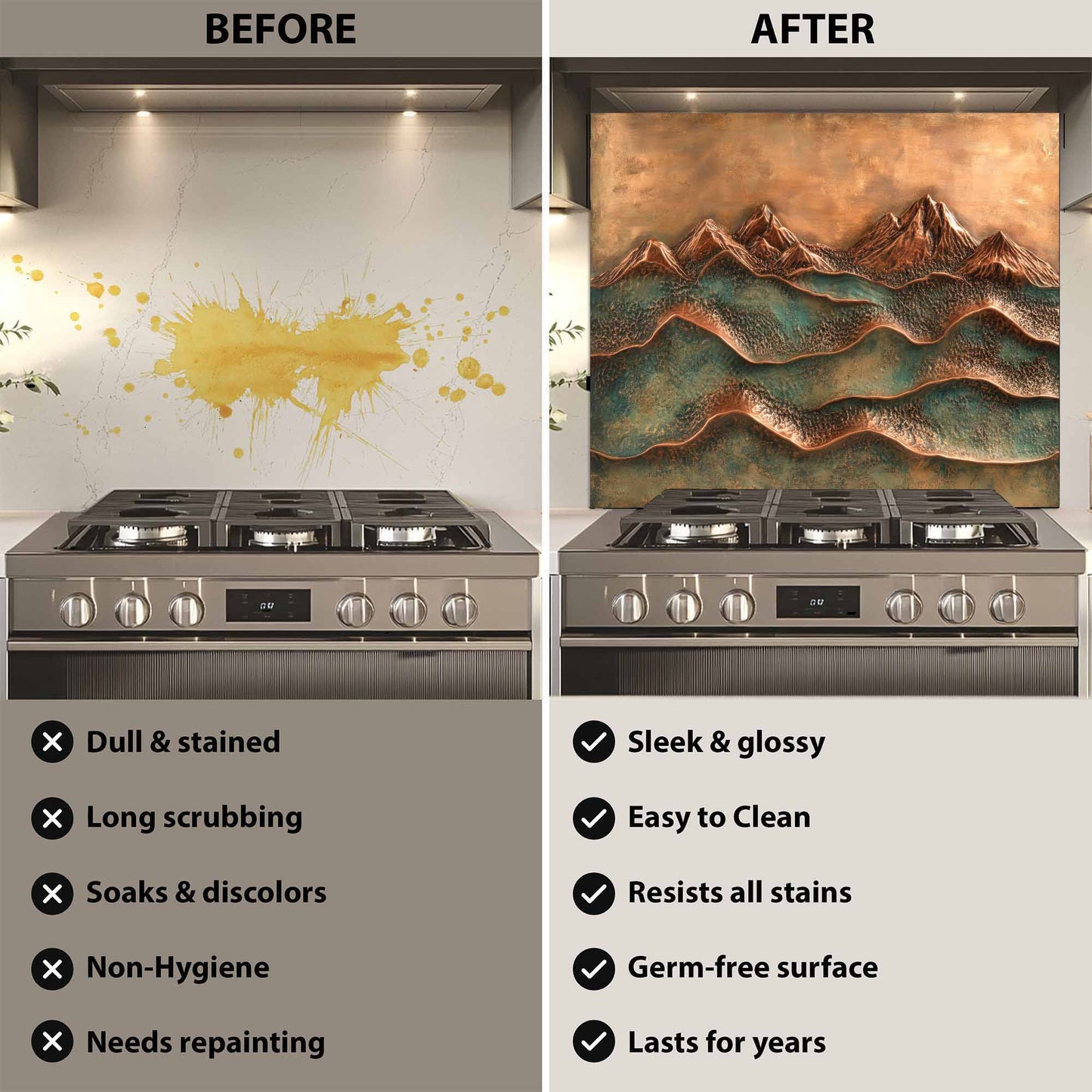 Before and after comparison of a stove with a decorative glass backsplash.