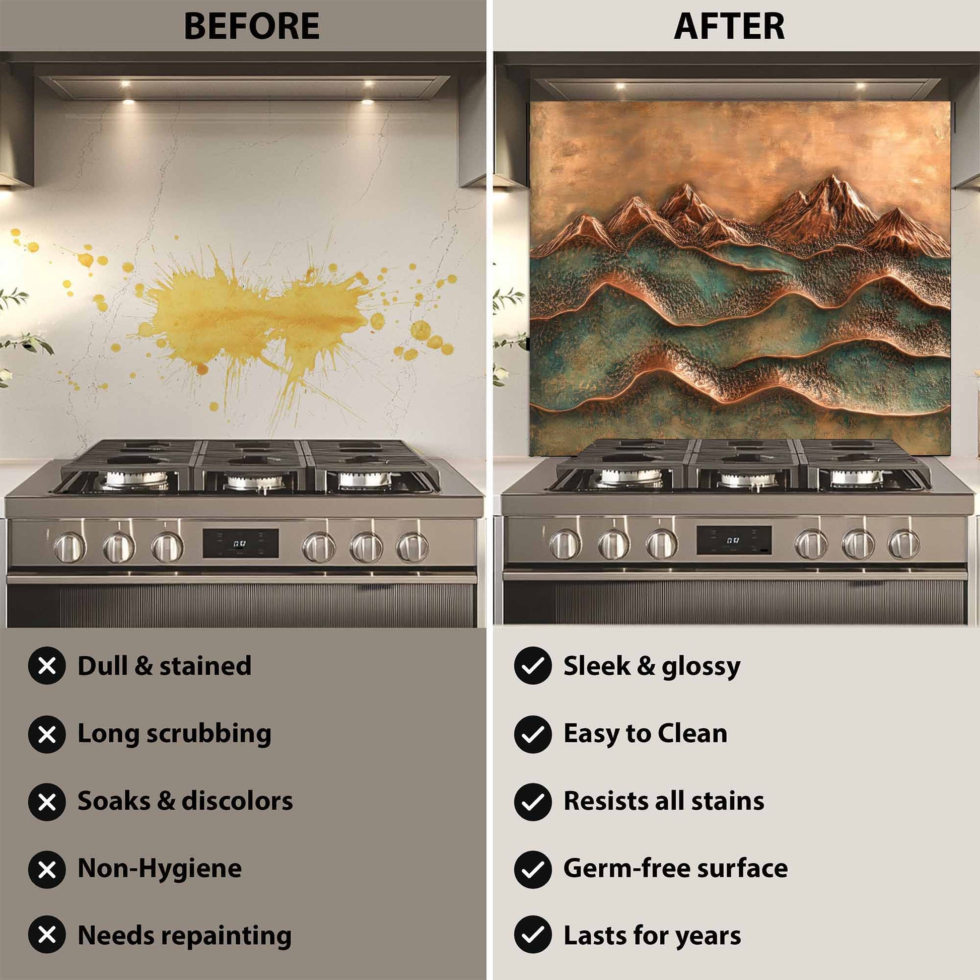 Before and after comparison of a stove with a decorative glass backsplash.