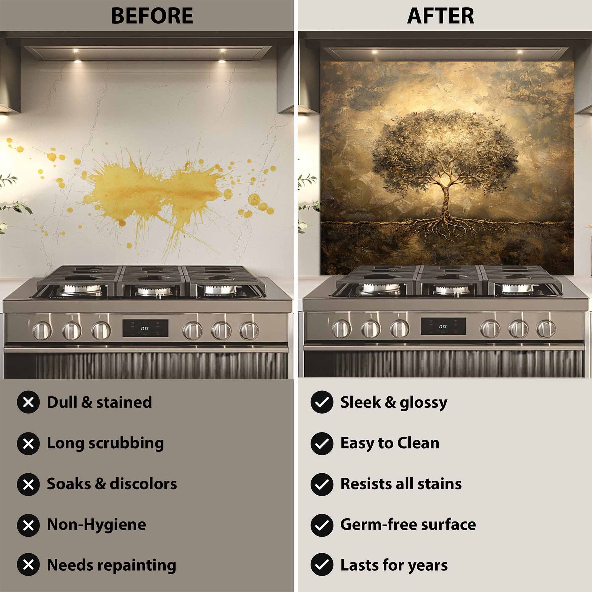 Before and after comparison of a kitchen backsplash with a tree design.