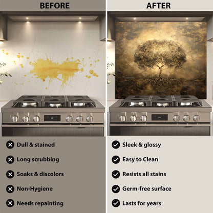 Before and after comparison of a kitchen backsplash with a tree design.