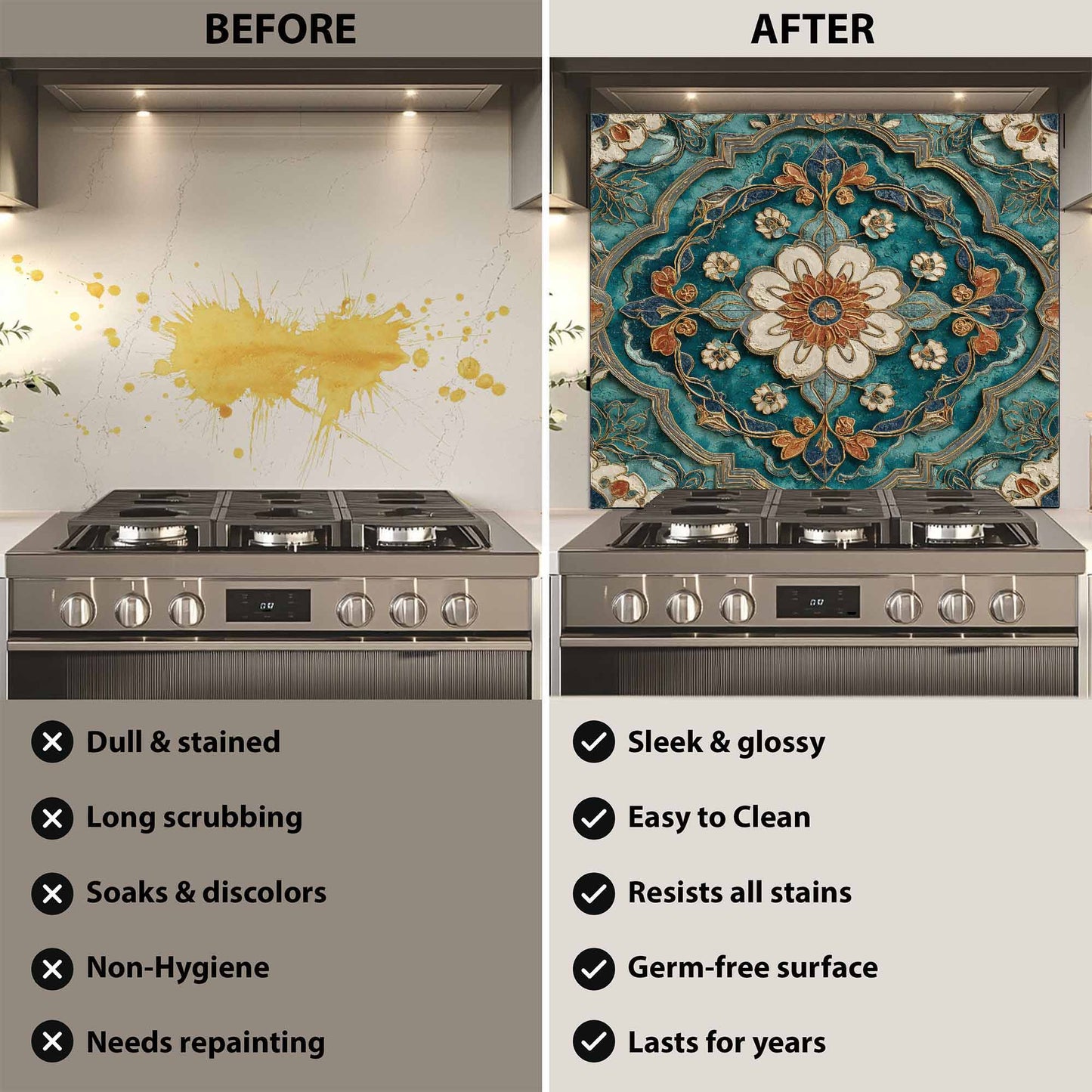 Before and after comparison of a stove with a decorative backsplash.