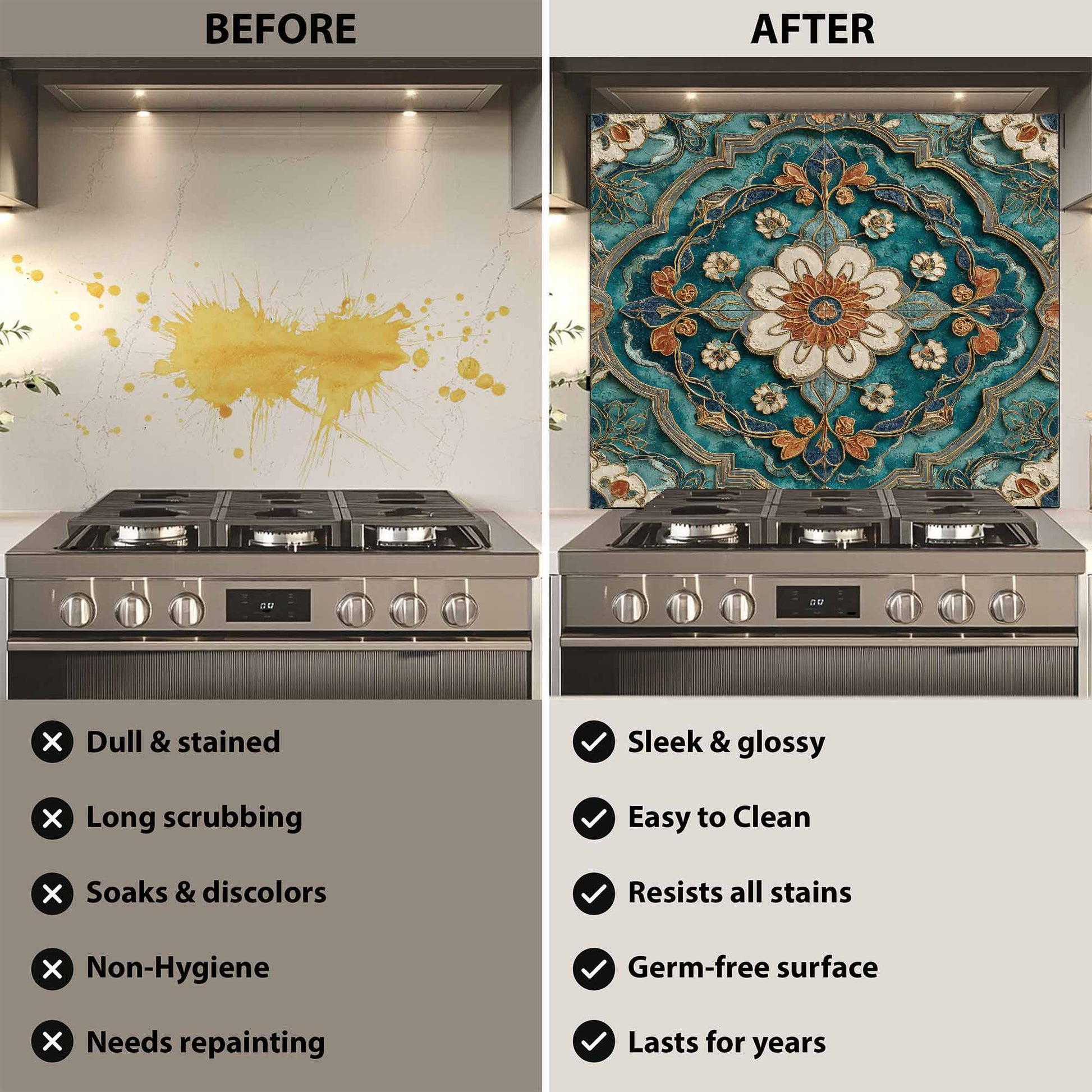 Before and after comparison of a stove with a decorative backsplash.