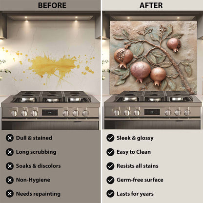 Before and after comparison of a kitchen stove with a decorative backsplash.