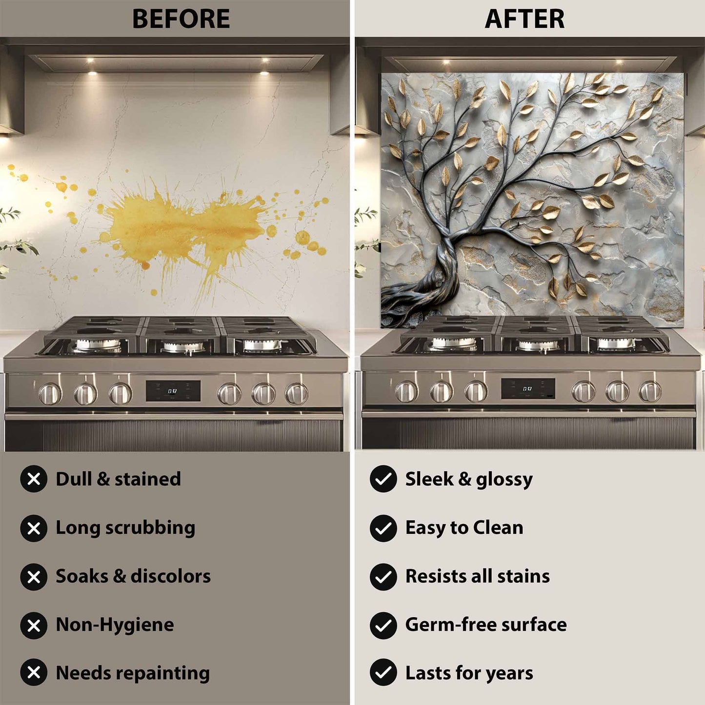 Before and after comparison of a kitchen stove with a decorative glass backsplash