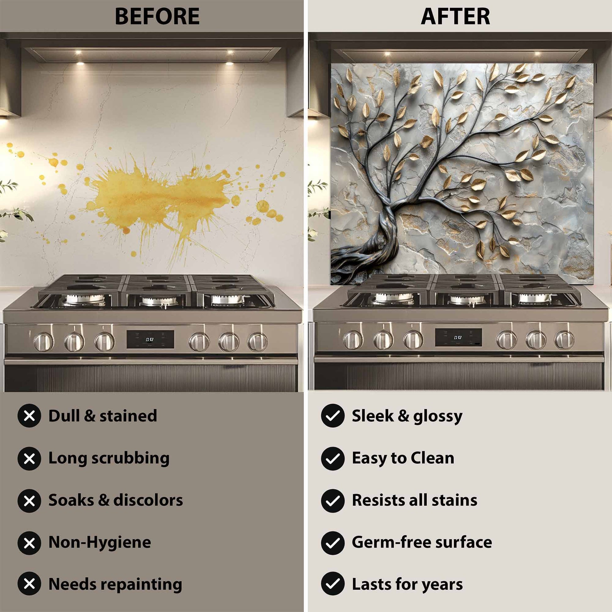 Before and after comparison of a kitchen stove with a decorative glass backsplash