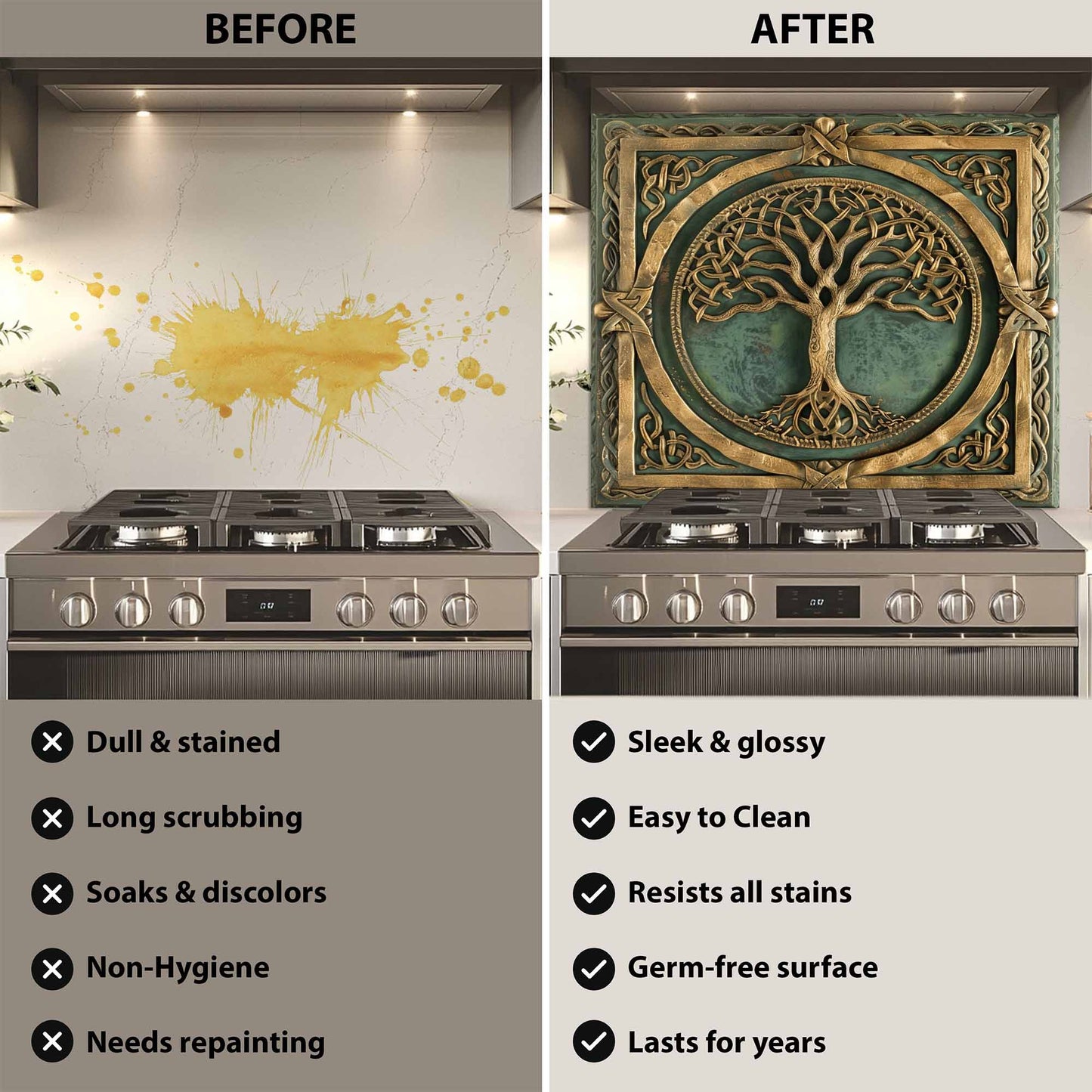 Before and after comparison of a kitchen stove with decorative backsplash.