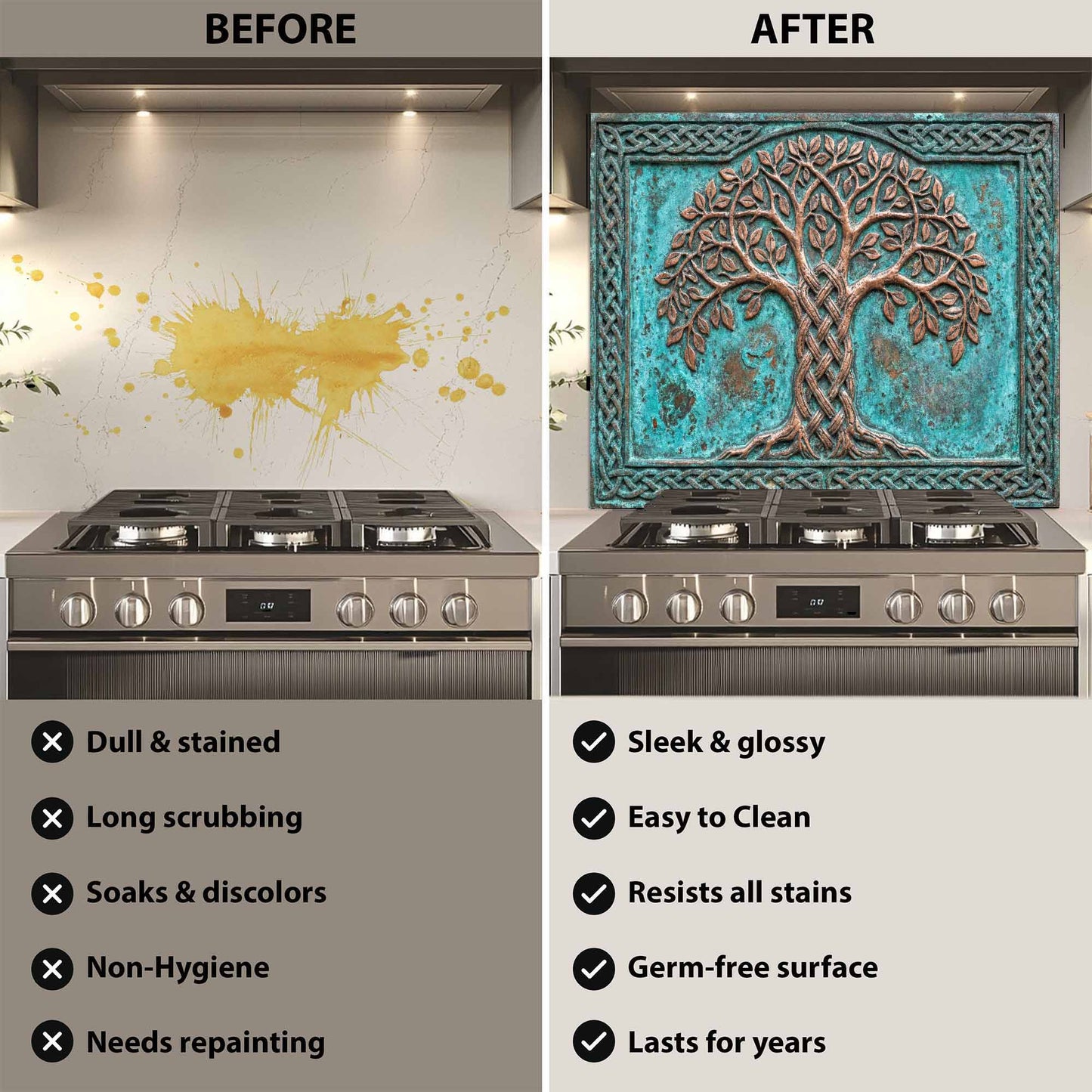 Before and after comparison of a kitchen stove with a decorative glass backsplash.
