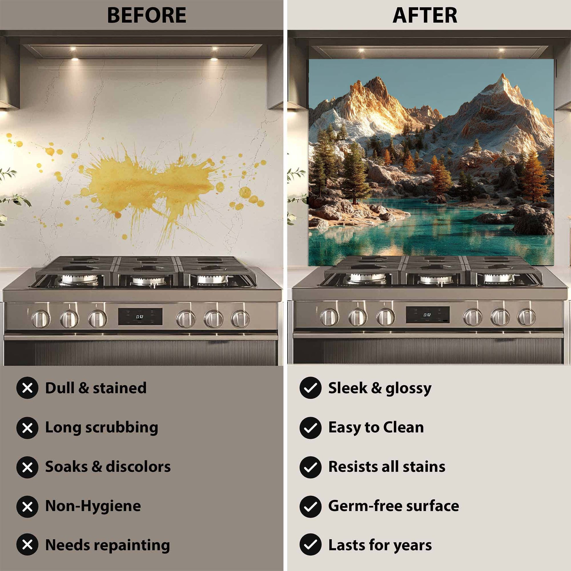 Before and after comparison of a stove with a mountain landscape backsplash.