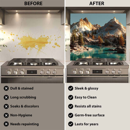 Before and after comparison of a stove with a mountain landscape backsplash.