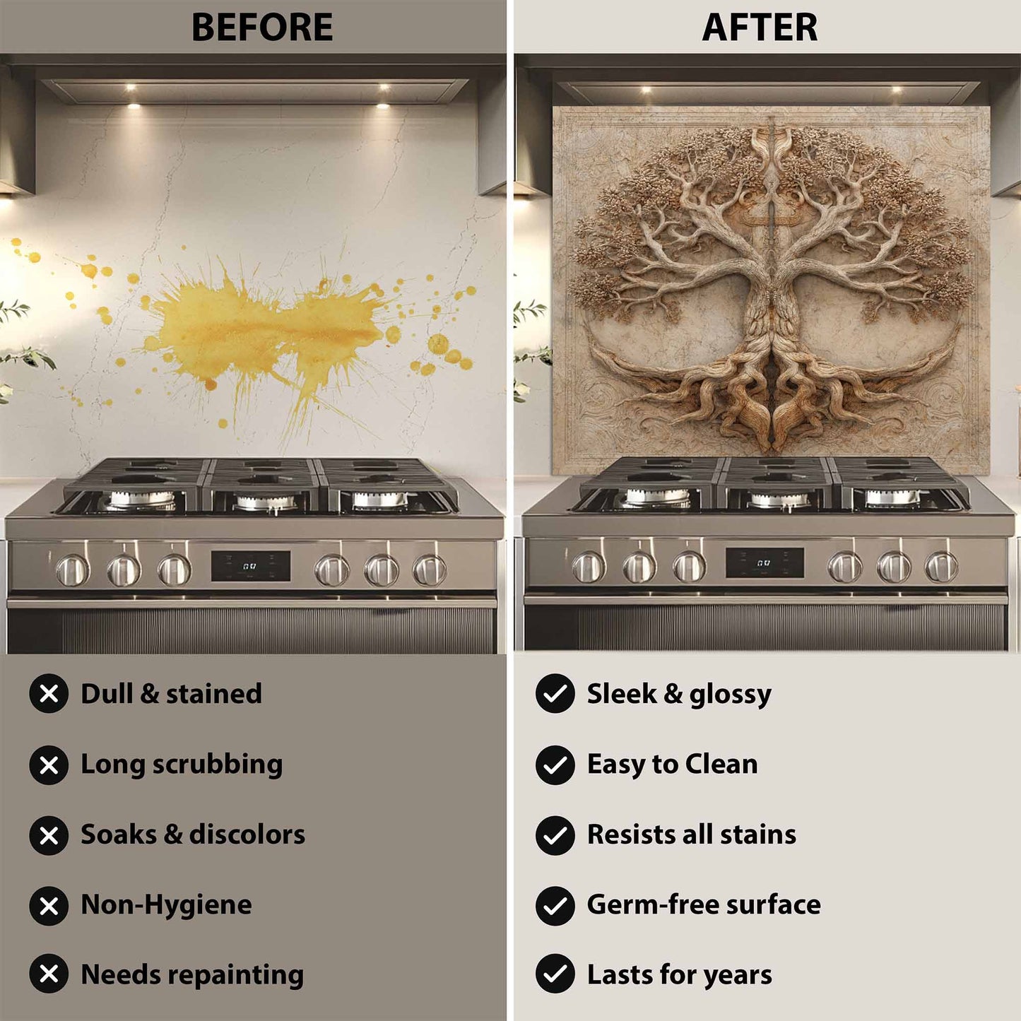 Before and after comparison of a kitchen stove with a decorative backsplash.