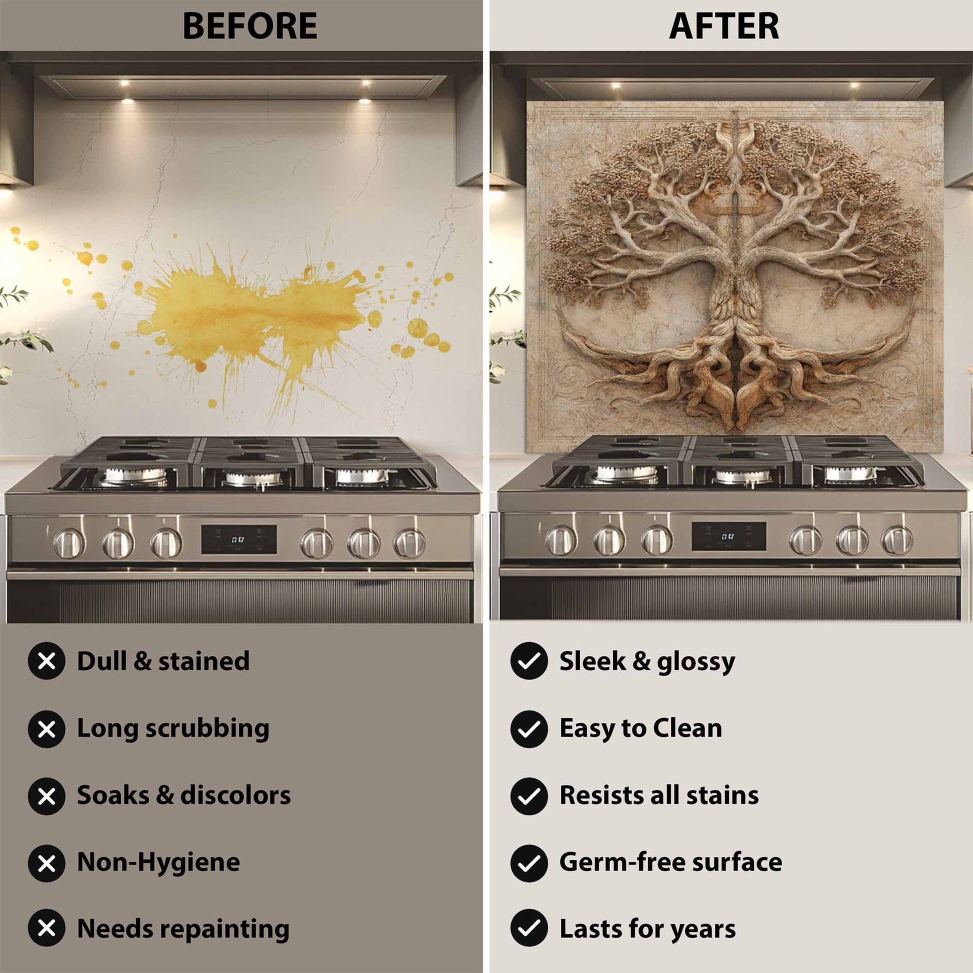 Before and after comparison of a kitchen stove with a decorative backsplash.