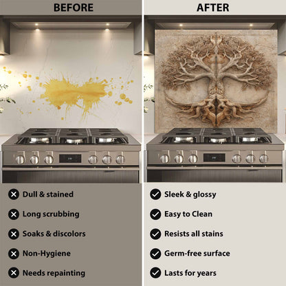 Before and after comparison of a kitchen stove with a decorative backsplash.