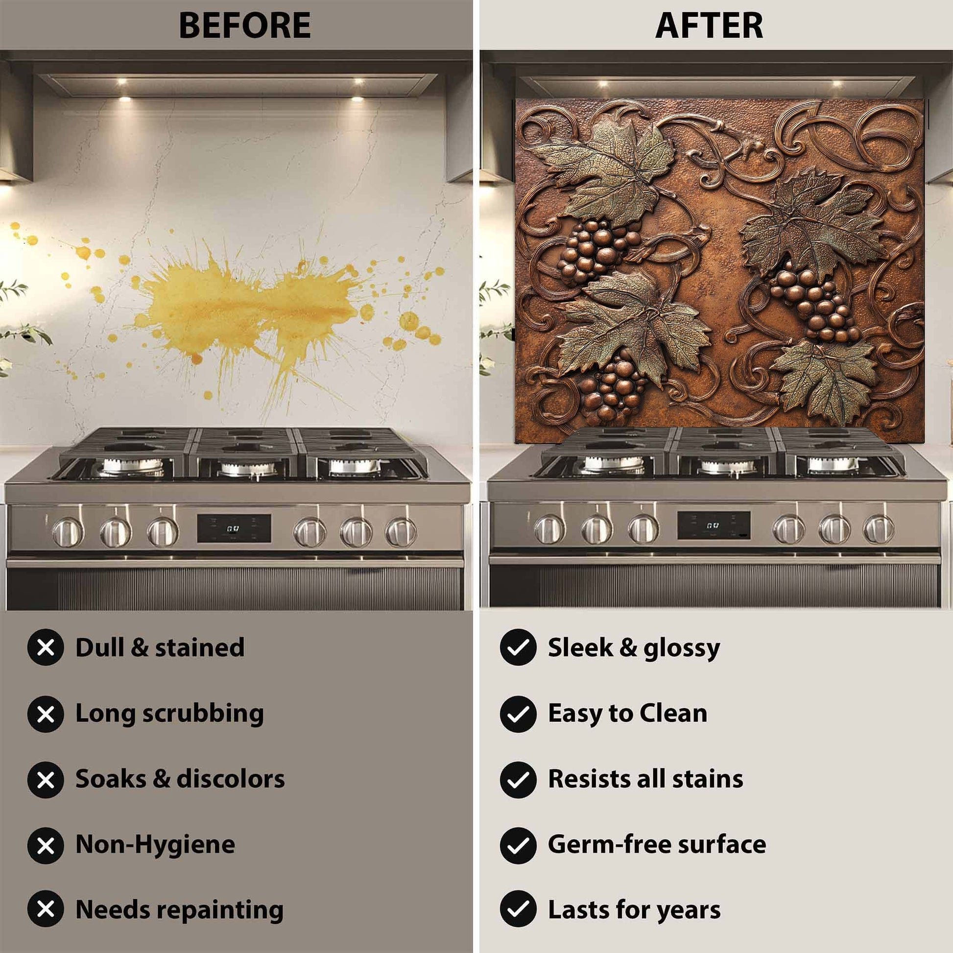 Before and after comparison of a stove with decorative backsplash.