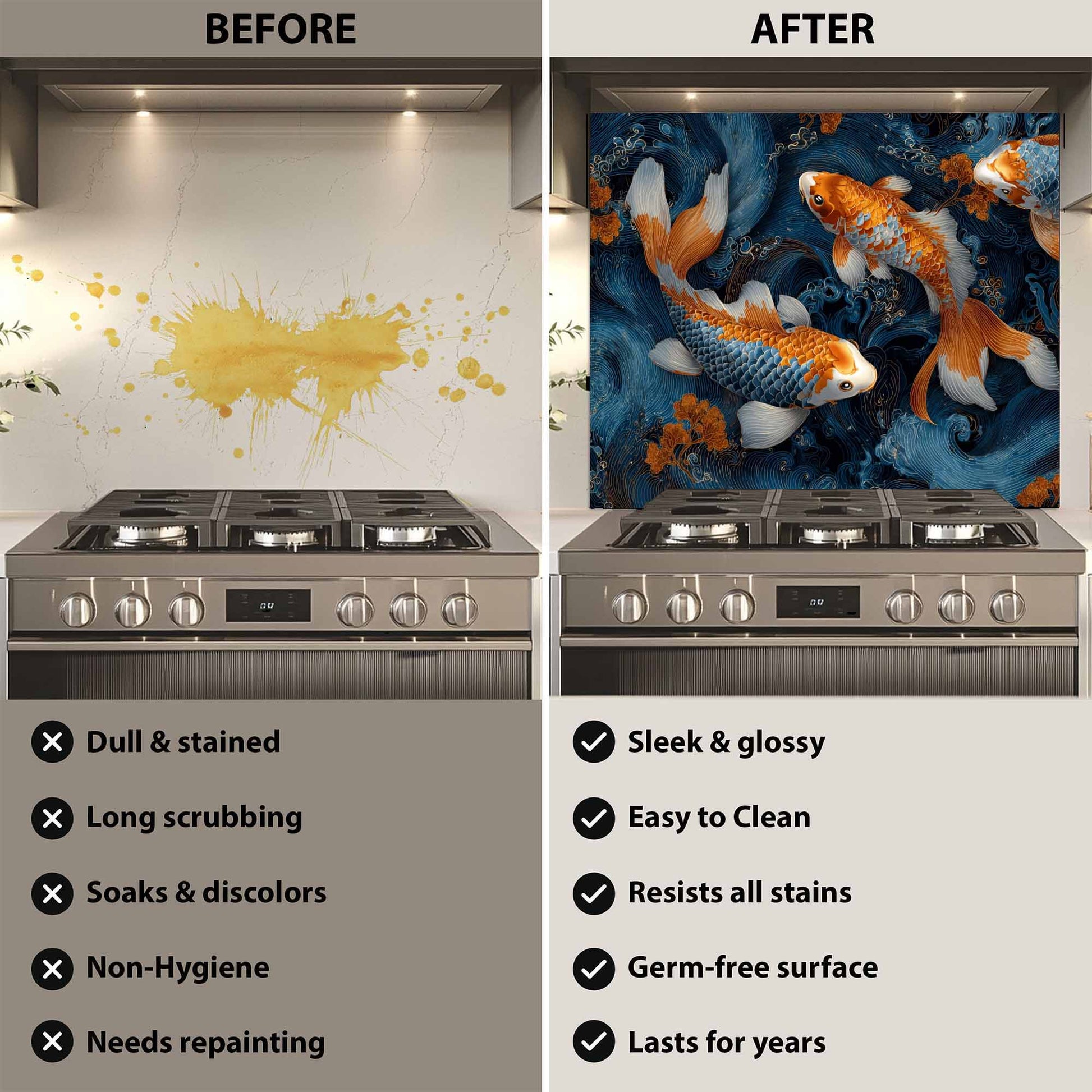 Before and after comparison of a kitchen stove with a decorative glass backsplash.