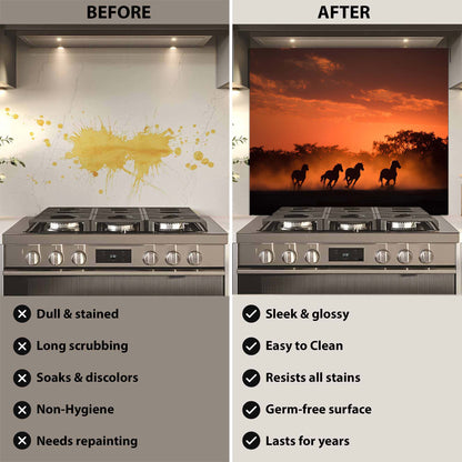Before and after comparison of a stove with a decorative glass backsplash.