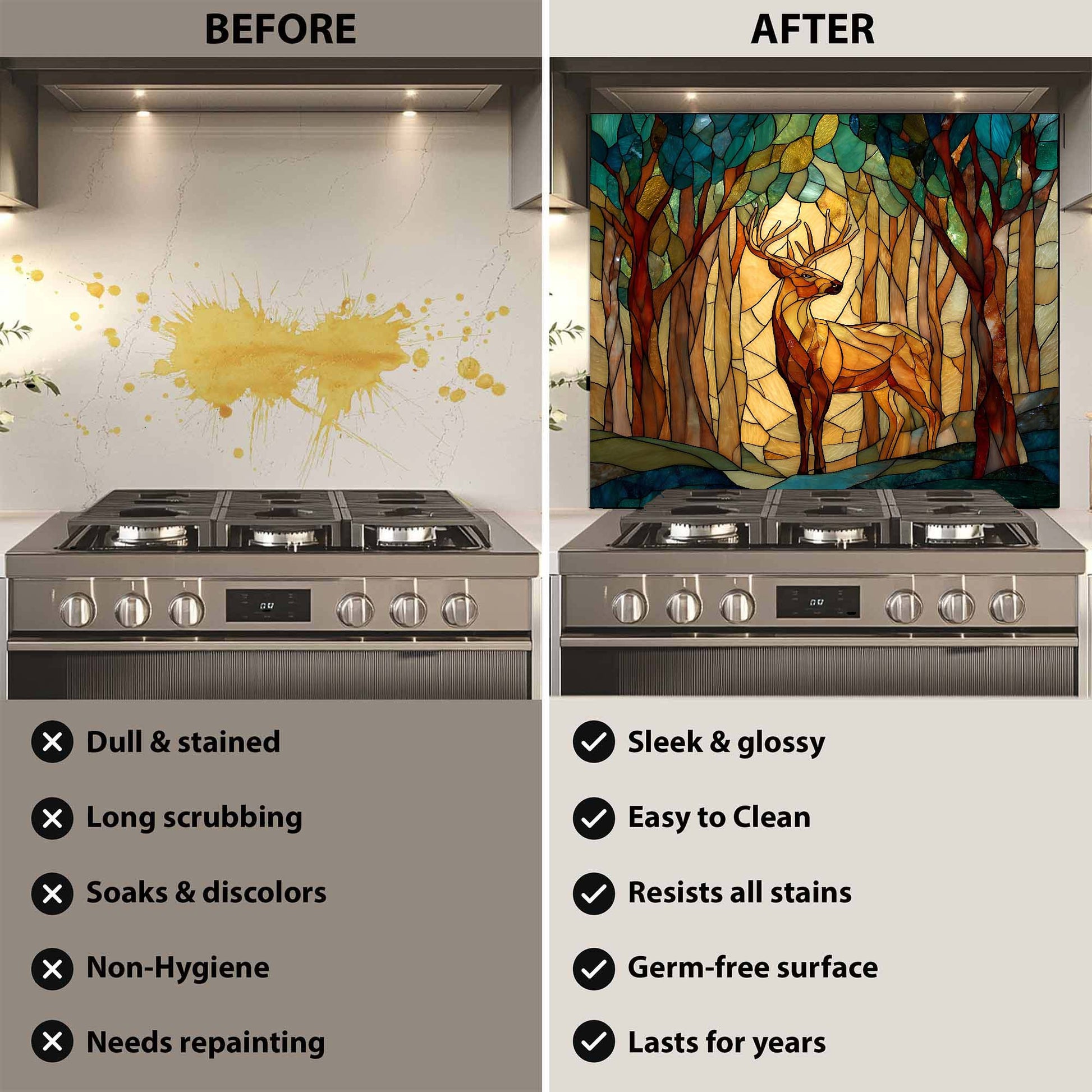 Before and after comparison of a stove with a decorative backsplash