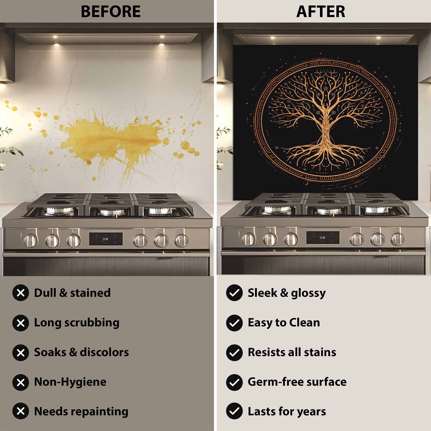 Before and after comparison of a kitchen stove with a decorative backsplash.