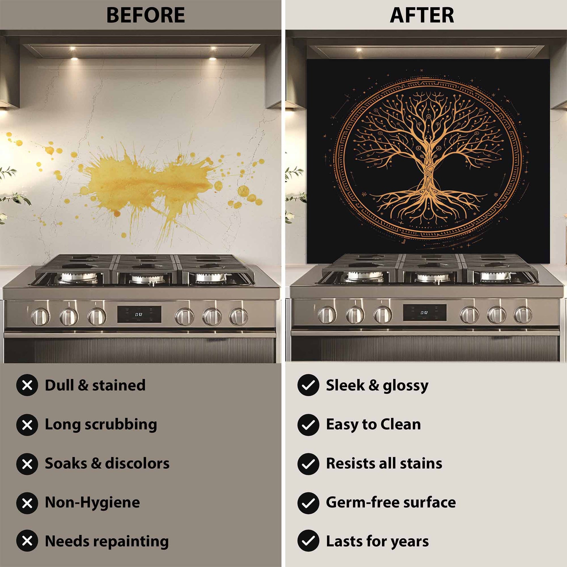 Before and after comparison of a kitchen stove with a decorative backsplash.