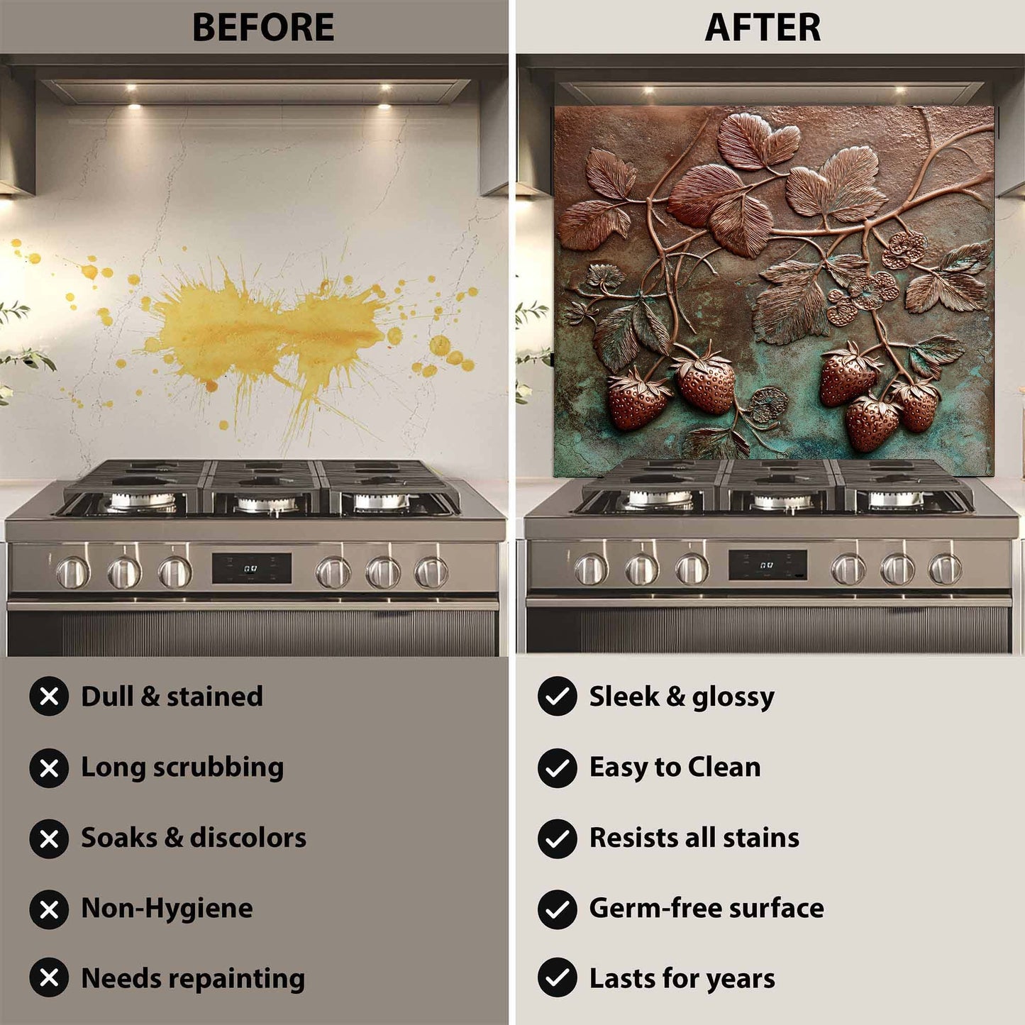 Before and after comparison of a stove with a decorative backsplash.