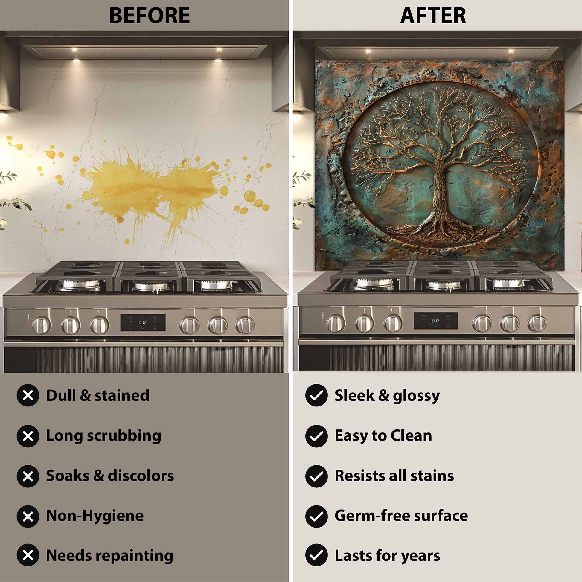 Before and after comparison of a kitchen stove with a decorative backsplash.