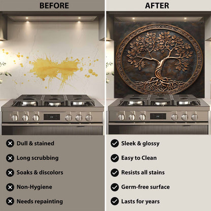 Bronze Circle Tempered Glass Backsplash – Copper Look Tree of Life Kitchen Backsplash
