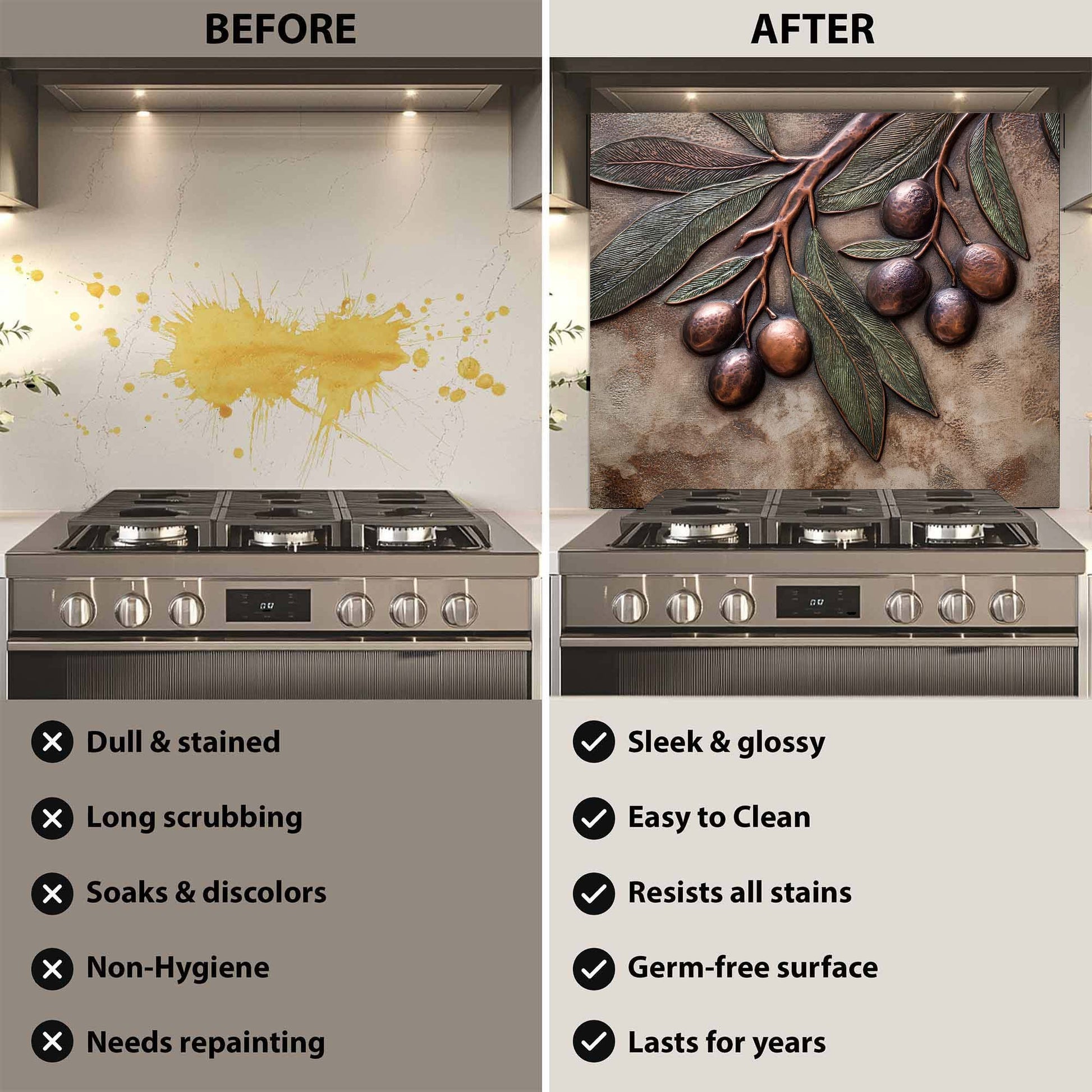 Before and after comparison of a stove with a decorative backsplash.