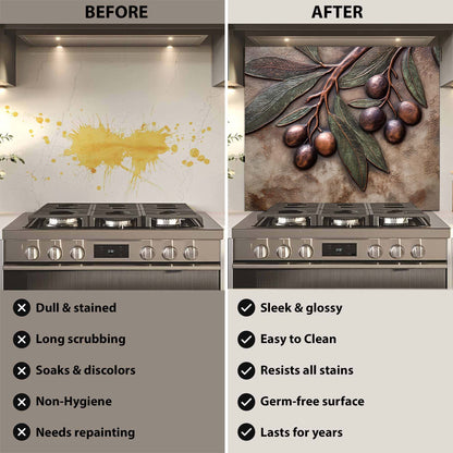 Before and after comparison of a stove with a decorative backsplash.