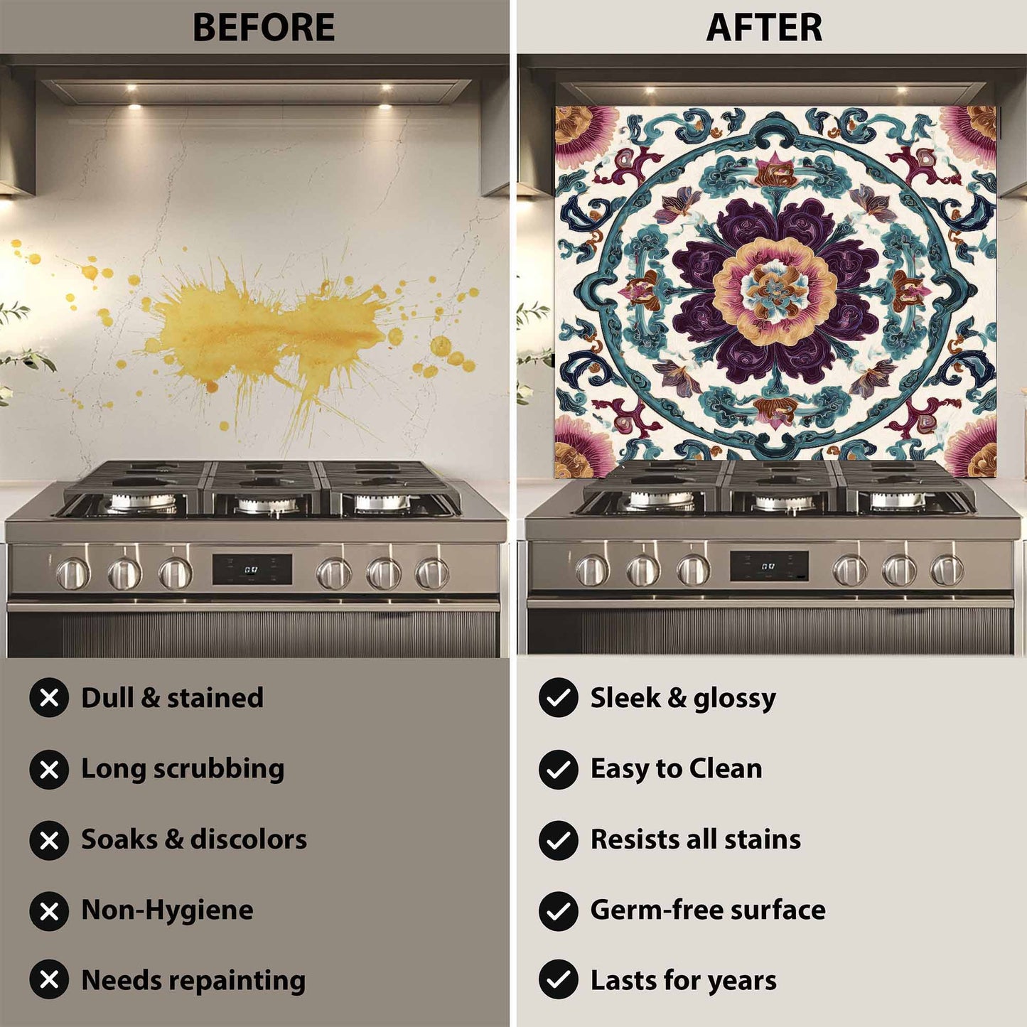 Before and after comparison of a stove with a decorative backsplash.