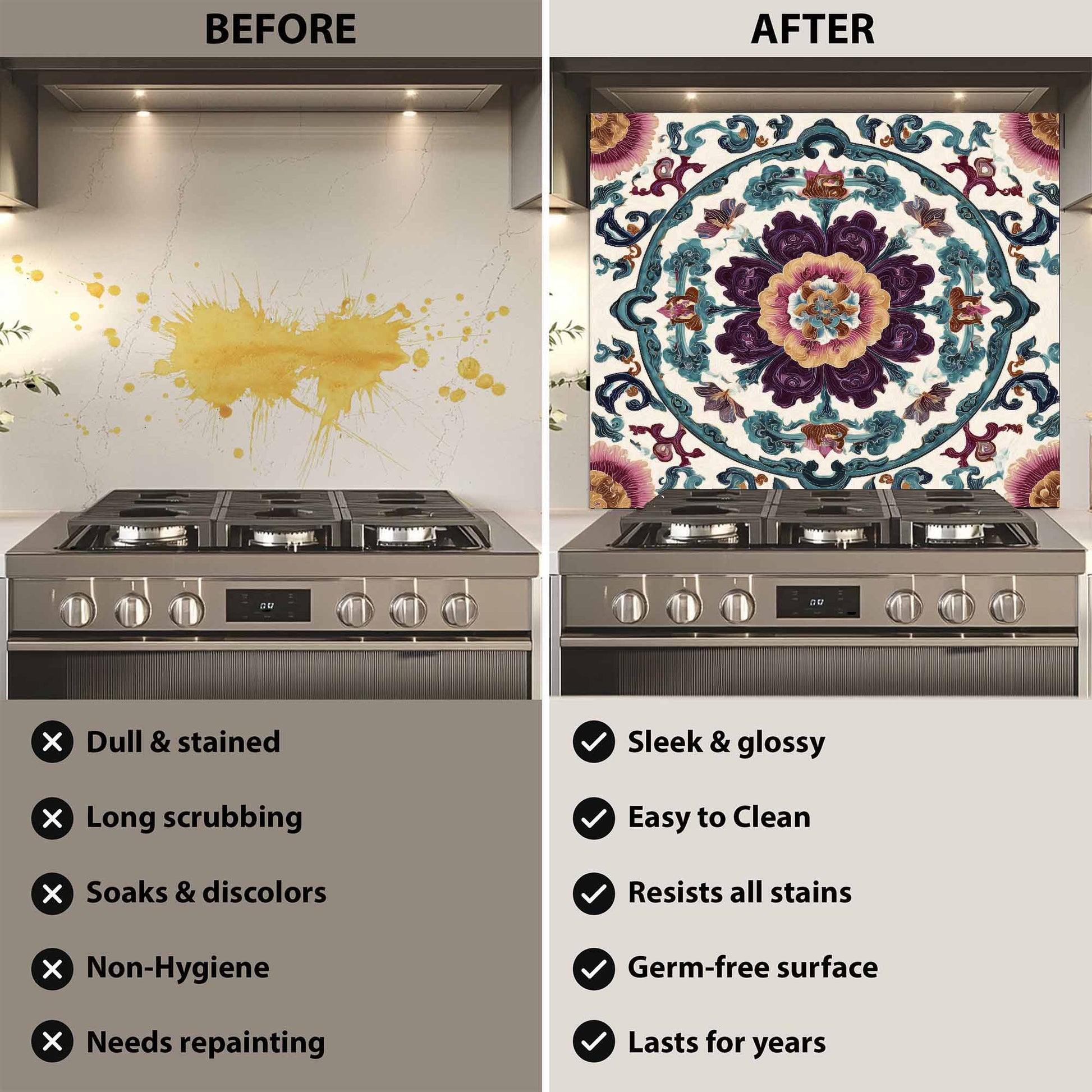 Before and after comparison of a stove with a decorative backsplash.