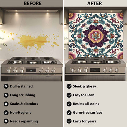 Before and after comparison of a stove with a decorative backsplash.
