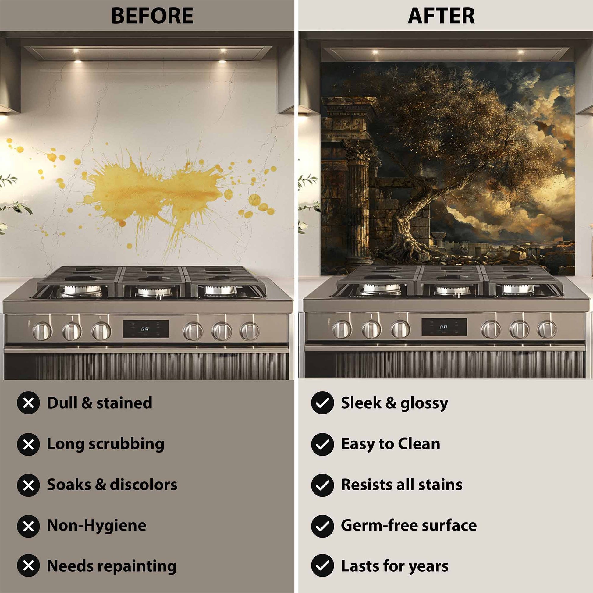 Before and after comparison of a kitchen stove with a decorative backsplash.