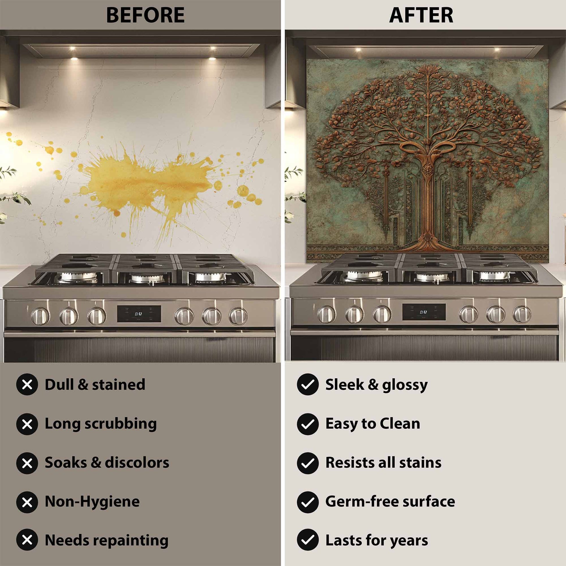 Before and after comparison of a kitchen stove with a decorative backsplash.