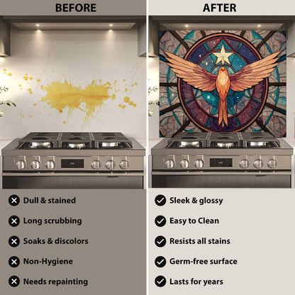 Before and after comparison of a stove with a decorative wall panel.