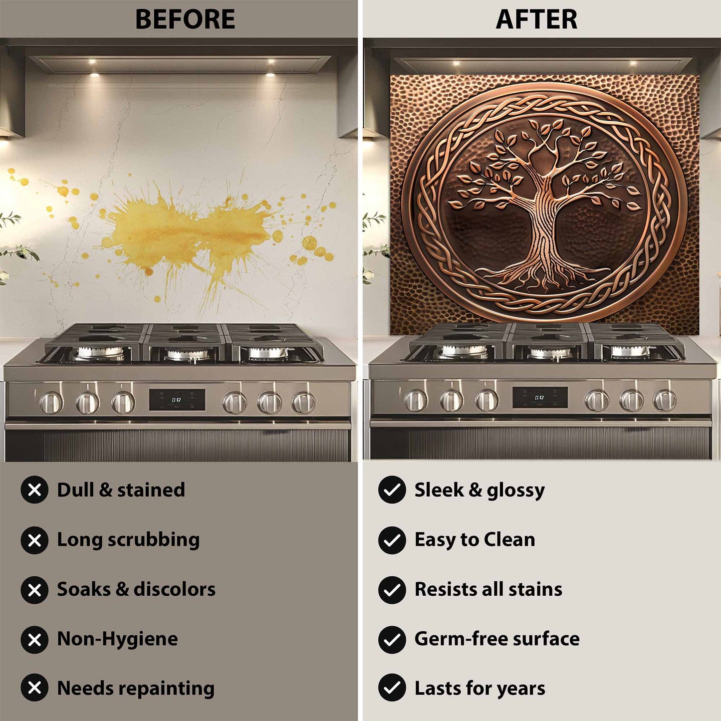 Before and after comparison of a kitchen stove with a decorative backsplash.