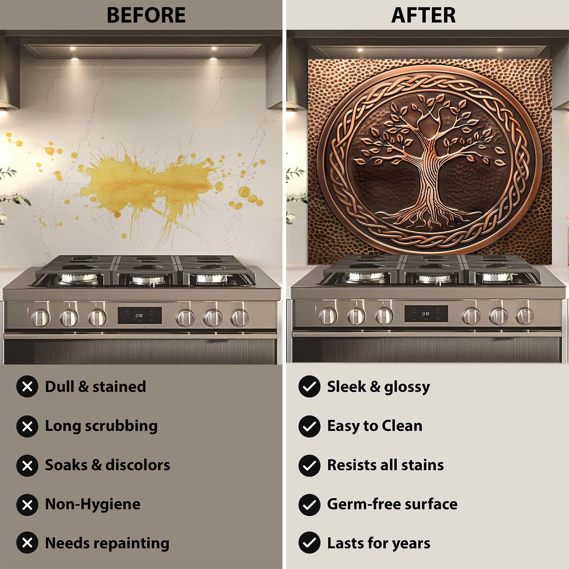 Before and after comparison of a kitchen stove with a decorative backsplash.
