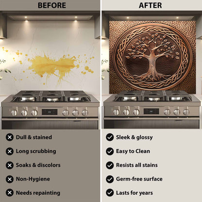 Before and after comparison of a kitchen stove with a decorative backsplash.