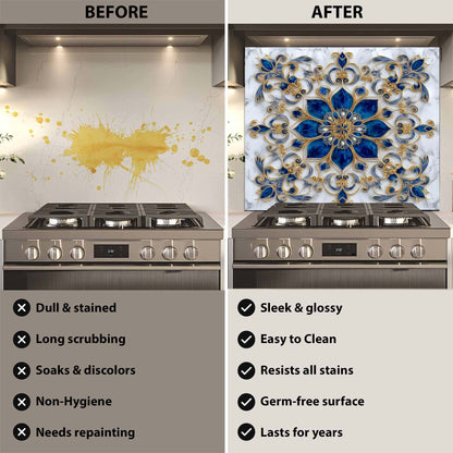 Before and after comparison of a stove with a decorative backsplash panel.