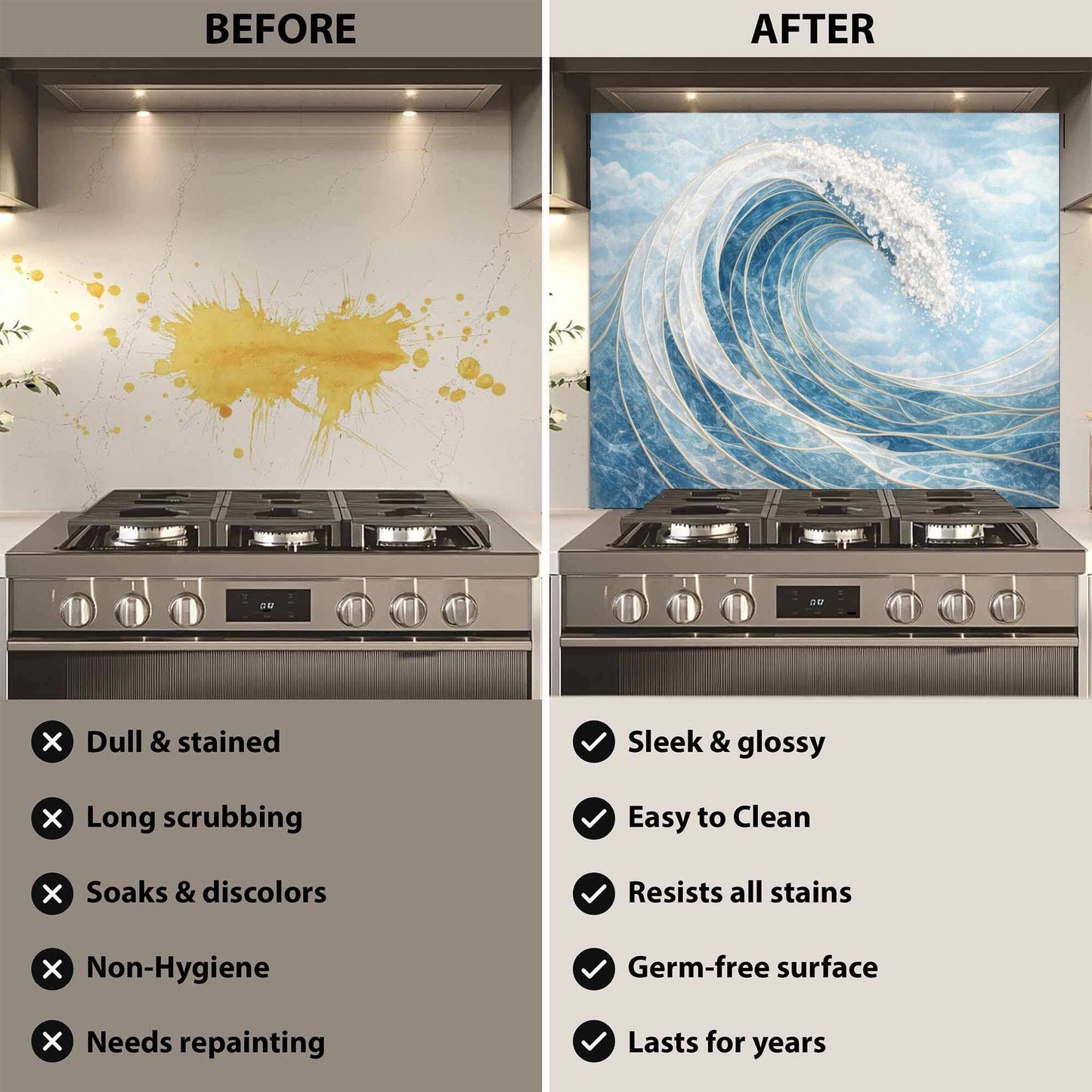 Before and after comparison of a stove with a decorative backsplash.