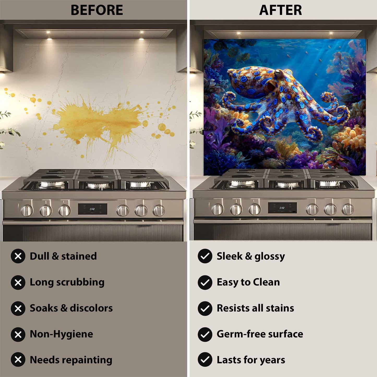 Before and after comparison of a stove with a decorative glass backsplash.