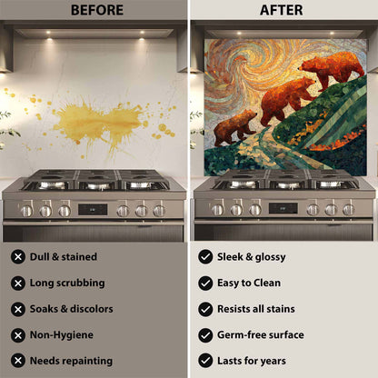 Before and after comparison of a stove with a decorative glass backsplash.