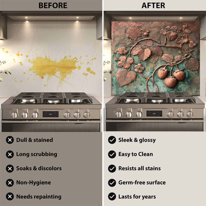 Before and after comparison of a stove with a decorative backsplash.
