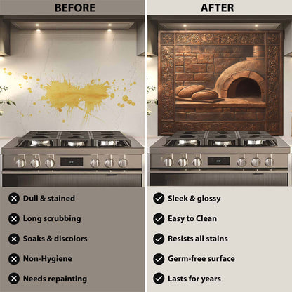 Before and after comparison of a kitchen stove with a decorative glass backsplash.