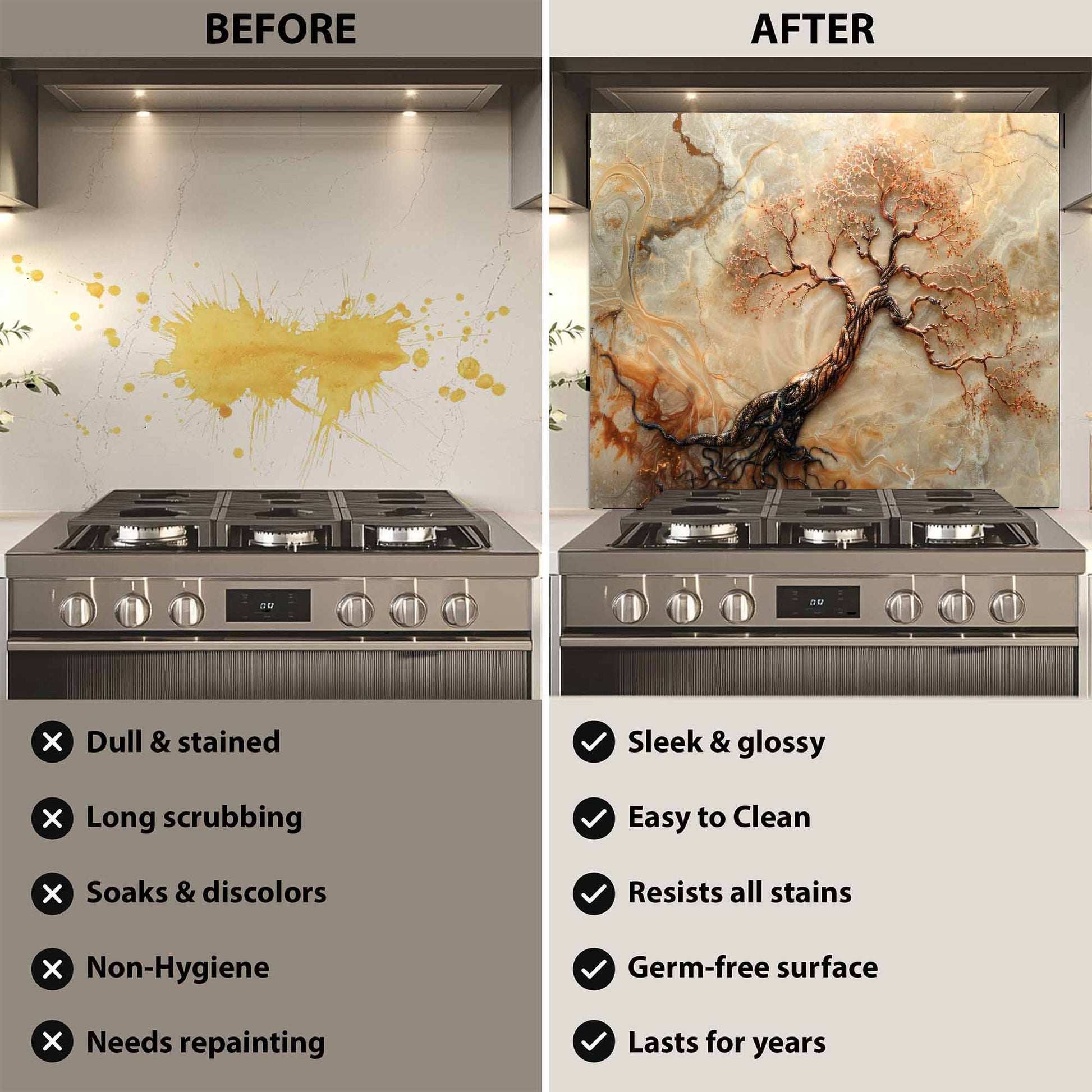 Before and after comparison of a stove with a decorative glass backsplash.