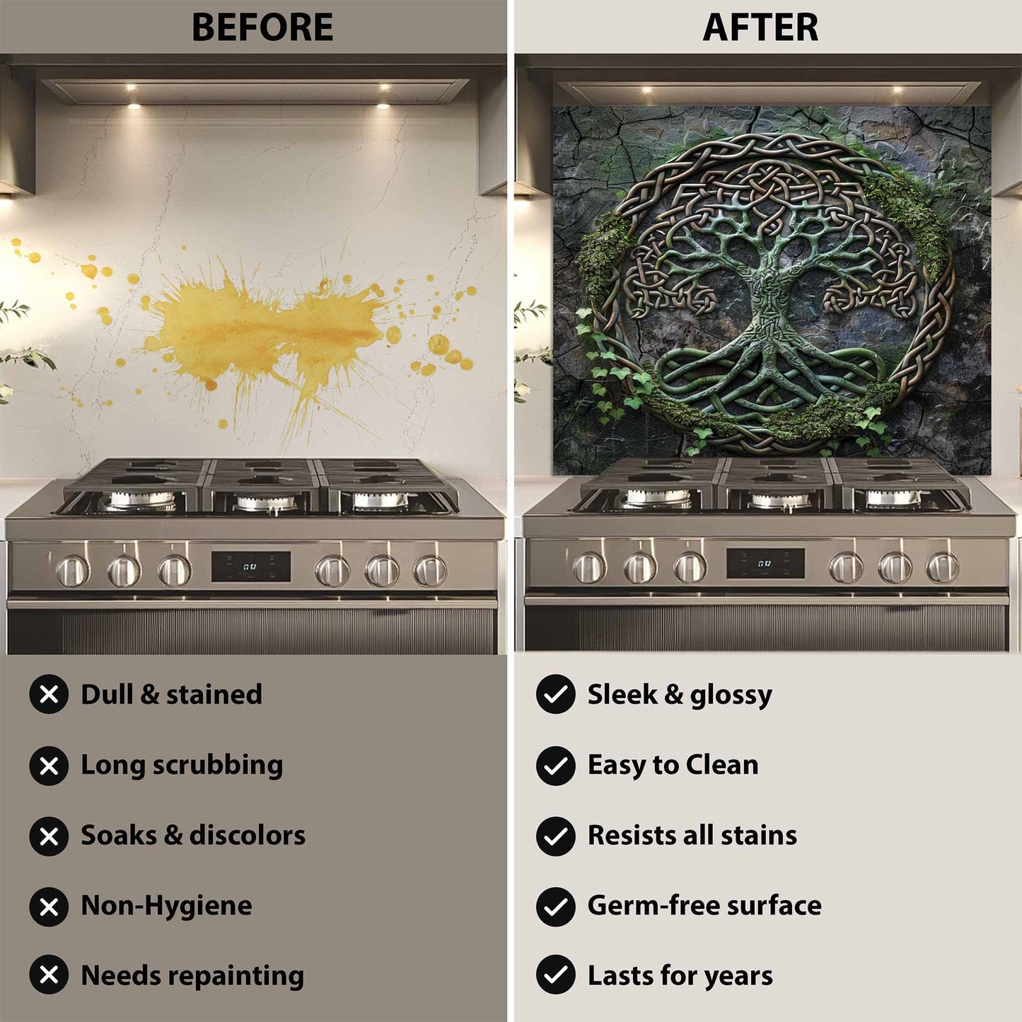 tempered glass backsplash before after comparison