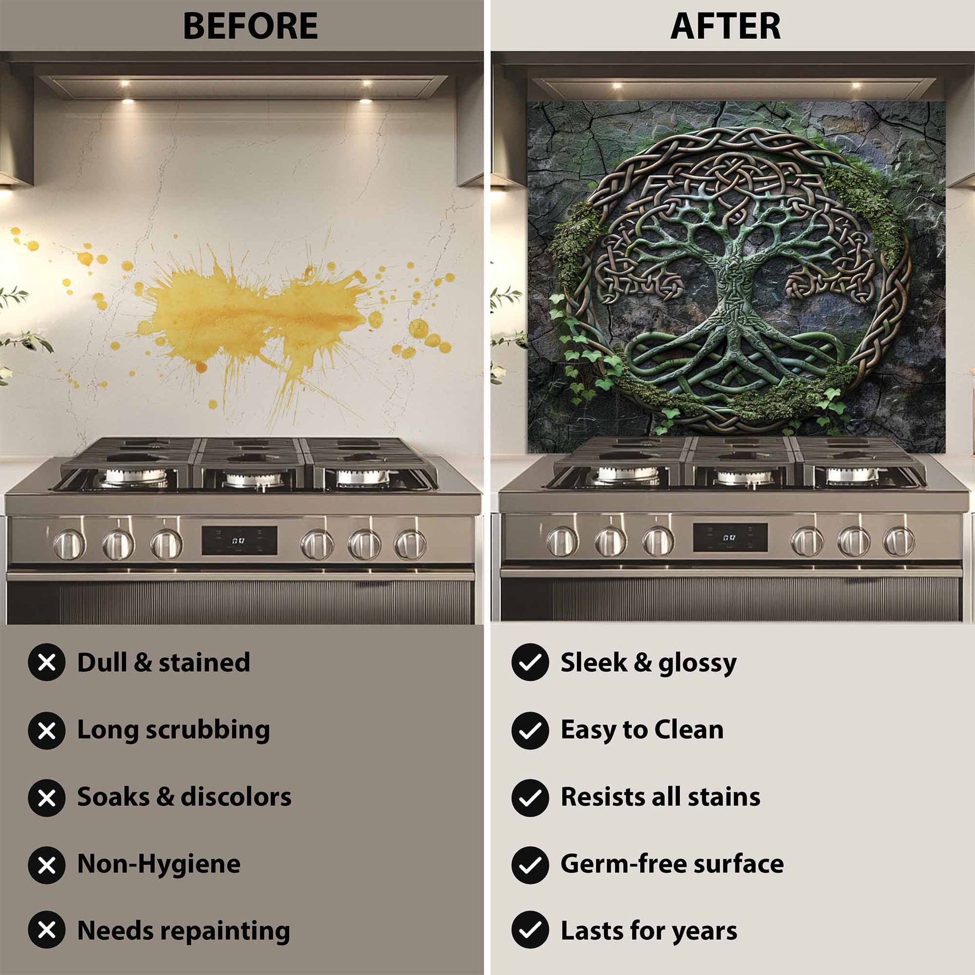 tempered glass backsplash before after comparison