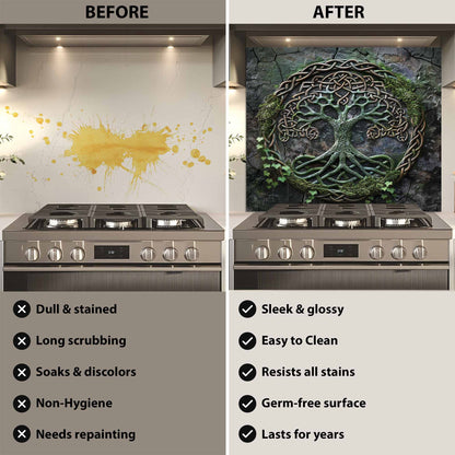 tempered glass backsplash before after comparison